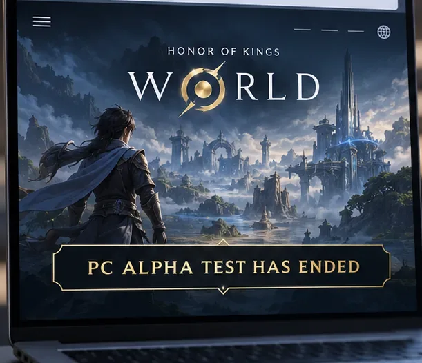 Imagem ilustrativa da página global de Honor of Kings: World em um laptop, com um banner informando que o teste alfa para PC foi encerrado.