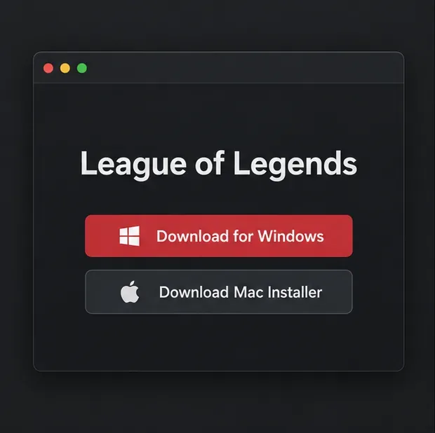Página ilustrativa de download do League of Legends com botões separados para Download do instalador para Windows e Download do instalador para Mac.