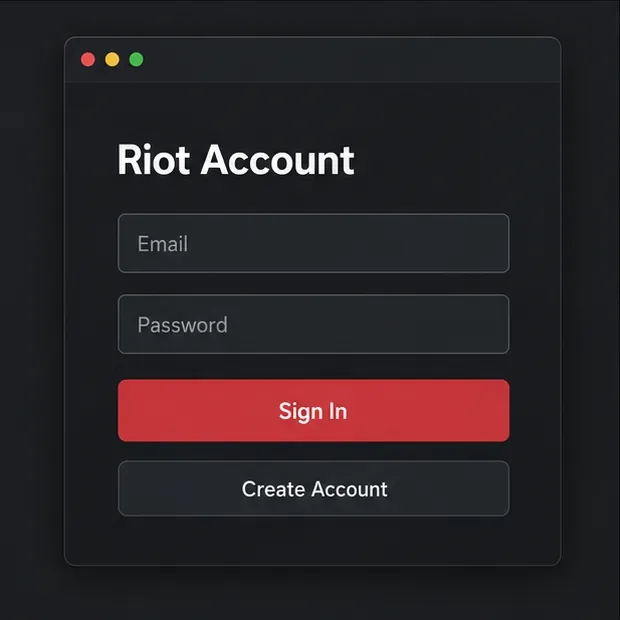 Painel de login ilustrativo da conta Riot com campos de e-mail e senha e controles separados para "Entrar" e "Criar conta".