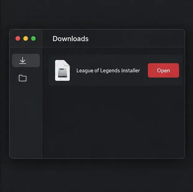Janela de downloads ilustrativa com um arquivo de instalação do League of Legends selecionado e uma ação Abrir.