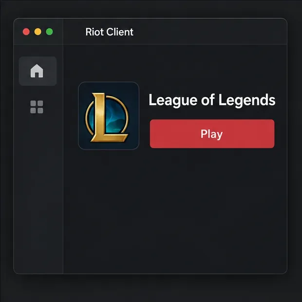 Janela ilustrativa do cliente Riot com League of Legends selecionado e um botão Jogar.