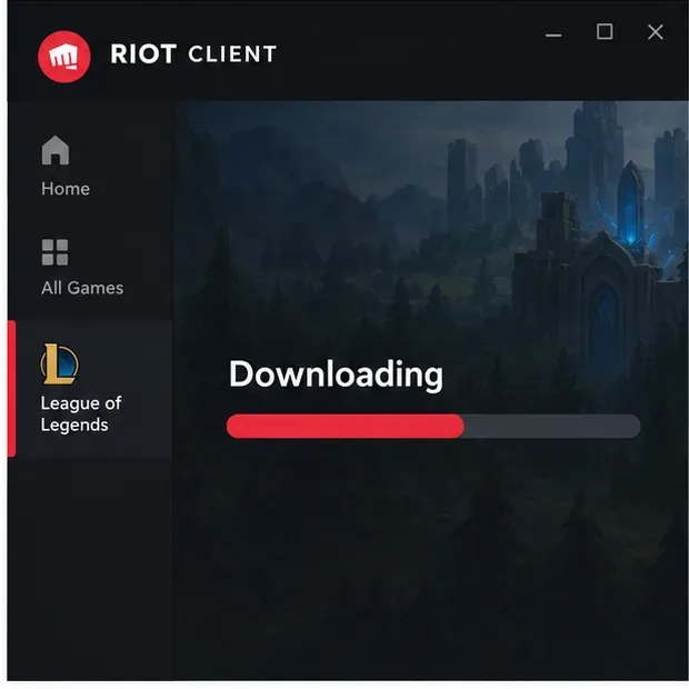 Cliente Riot mostrando o download de League of Legends com uma barra de progresso.