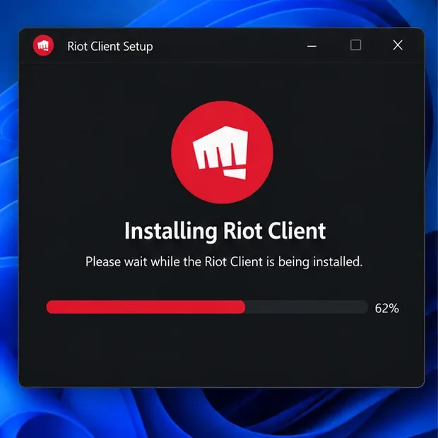 Janela de instalação do Riot Client exibindo uma barra de progresso da instalação.
