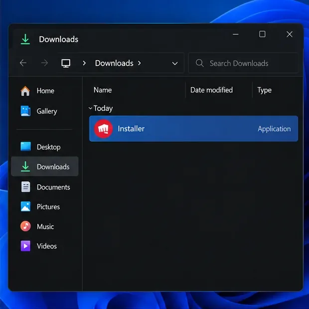 Um instalador genérico de jogos da Riot selecionado na pasta Downloads do Windows.