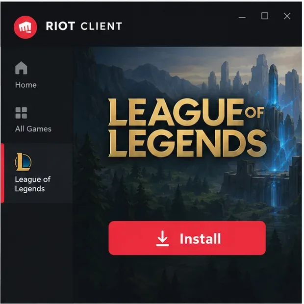 League of Legends selecionado no cliente Riot com o botão Instalar visível