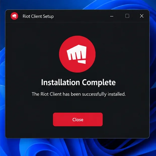 Janela de conclusão da configuração do Riot Client com um botão Fechar
