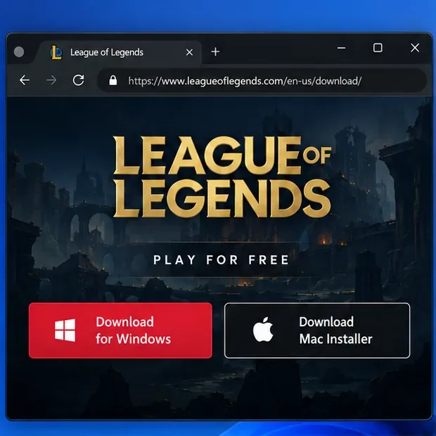 Página oficial de download do League of Legends com botões de instalação separados para Windows e Mac.
