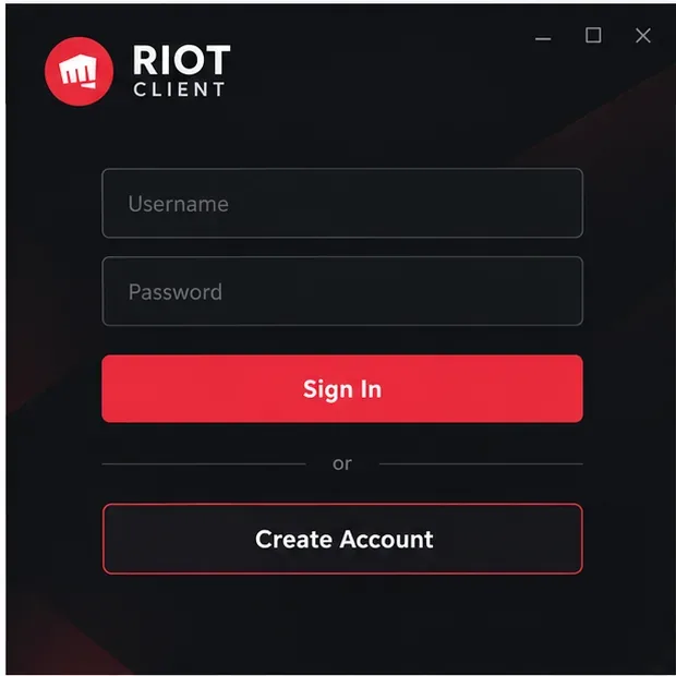 Formulário de login do Riot Client com opções para entrar ou criar uma conta.