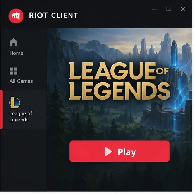 Página do jogo League of Legends no cliente Riot com o botão Jogar pronto para uso.
