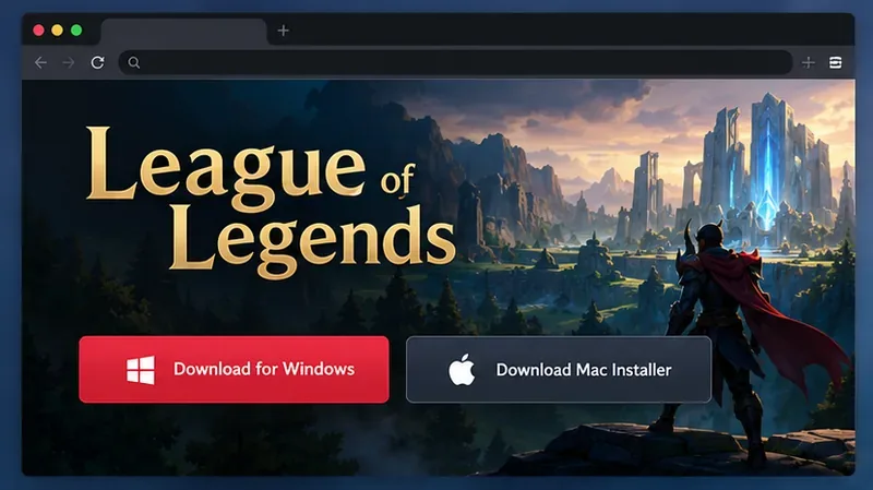 League of Legends download page illustration with separate Download for Windows and Download Mac Installer buttons