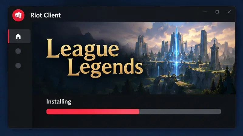 Riot Client illustration showing League of Legends game files installing with a progress bar