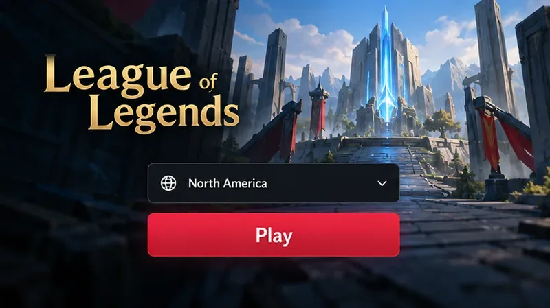 League of Legends first-launch illustration showing North America selected above a Play button