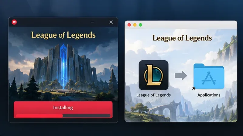 League of Legends installer illustration showing a Windows setup window and a Mac app being moved into Applications