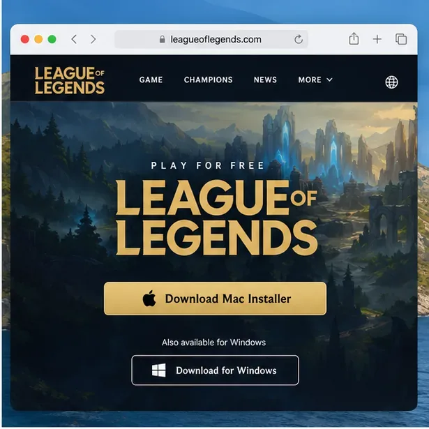 Visualização ilustrativa da página oficial de download do League of Legends em um navegador, com um botão "Baixar instalador para Mac".