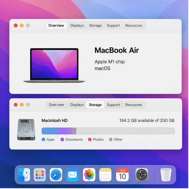 Capturas de tela ilustrativas das configurações do MacBook, mostrando o chip Apple M1 e o armazenamento disponível.
