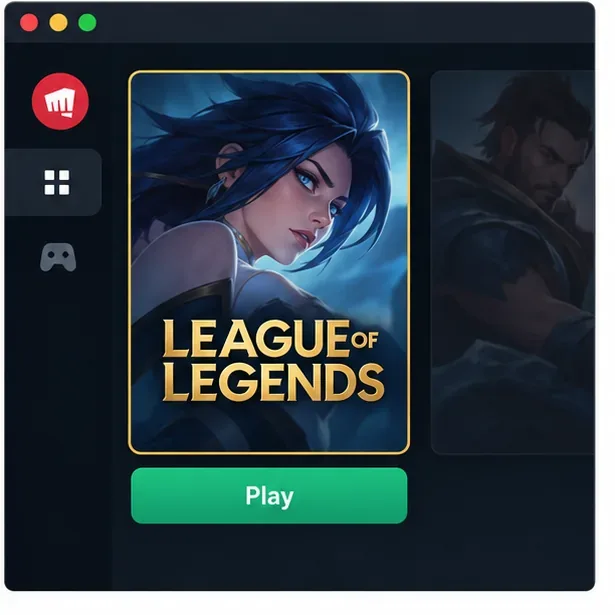 Exemplo ilustrativo do Riot Client com o botão "Jogar" do League of Legends ativado após a instalação.