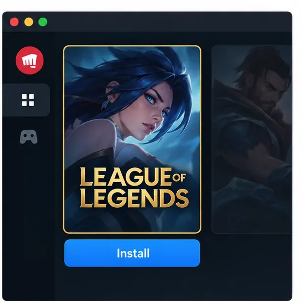 Exemplo ilustrativo da biblioteca de jogos do Riot Client com League of Legends selecionado e um botão Instalar.