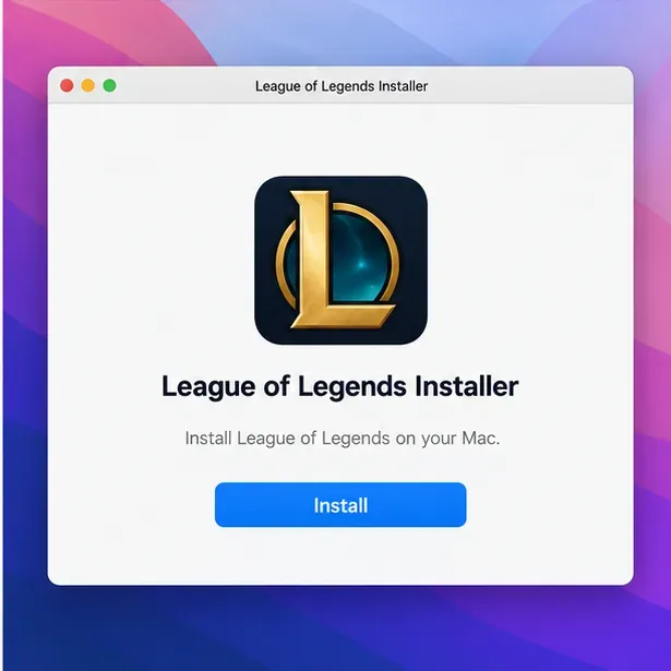 Janela ilustrativa do instalador do League of Legends no macOS com um botão Instalar.
