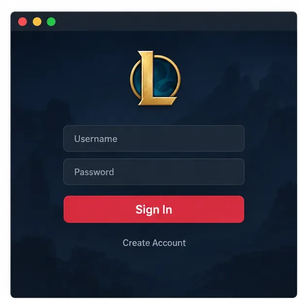 Janela ilustrativa de login do Riot Client com os controles de nome de usuário, senha, entrar e criar conta.