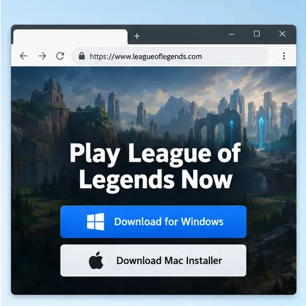 Mockup simplificado da página de download do League of Legends com botões de instalação separados para Windows e Mac.