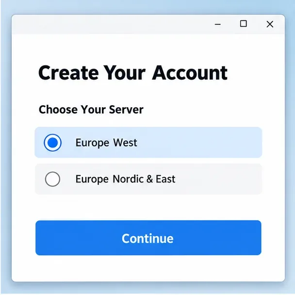 Tela de configuração de conta simplificada com a opção Europa Ocidental selecionada acima de Europa Nórdica e Europa Oriental.