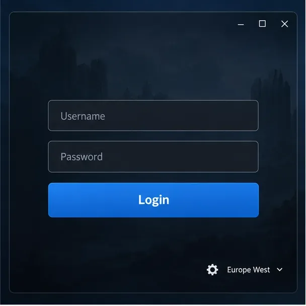 Mockup simplificado da sessão de login do League, mostrando um ícone de engrenagem de configurações e a etiqueta da região Europa Oeste.