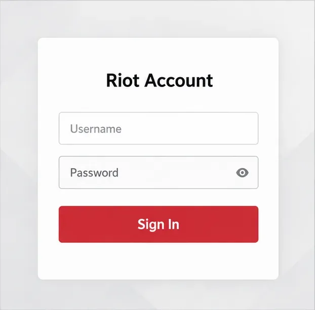 Painel ilustrativo de login de conta Riot com campos para nome de usuário e senha.