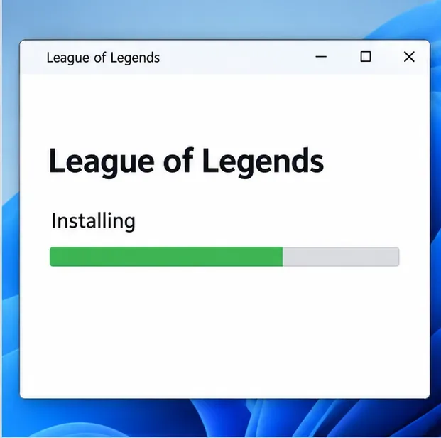 Diálogo ilustrativo de instalação do League of Legends com uma barra de progresso parcialmente preenchida.