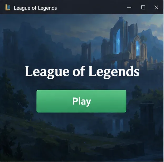 Página ilustrativa do cliente Riot para League of Legends com um botão Jogar.