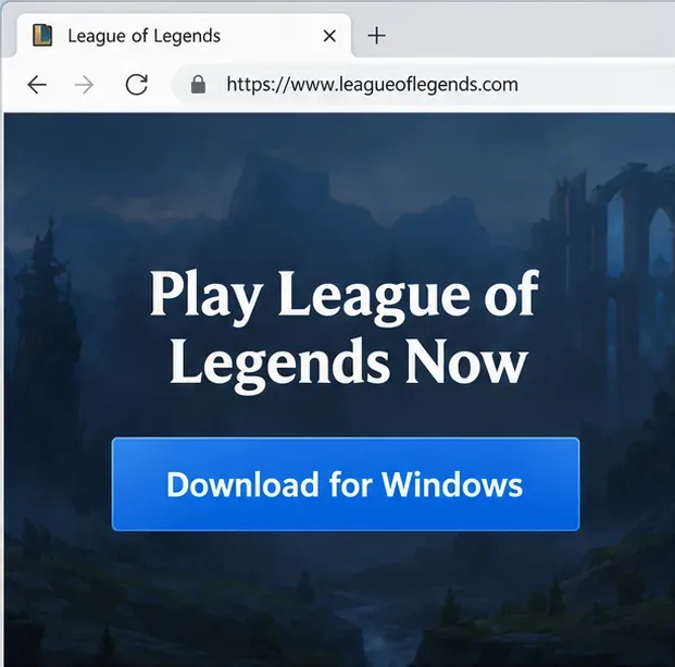 Visualização ilustrativa da página oficial do League of Legends em um navegador, com um botão "Download para Windows".