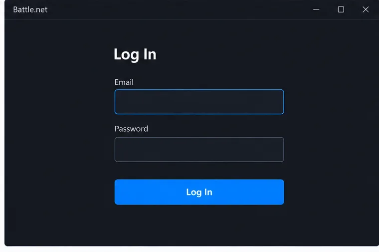 A janela de login do Battle.net possui campos em branco para e-mail e senha, além de um botão "Entrar".