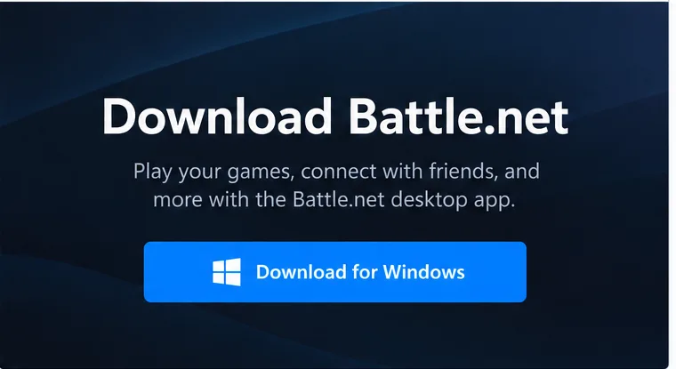A página de download do aplicativo Battle.net para desktop da Blizzard exibe o botão "Baixar para Windows".