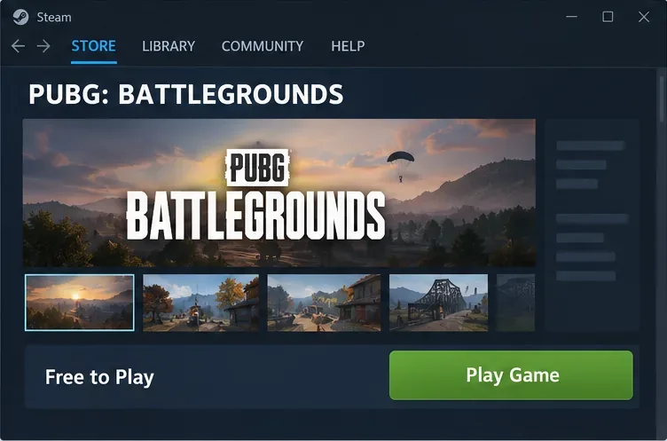 Exemplo de PUBG: BATTLEGROUNDS na Steam, marcado como Gratuito para Jogar e com o botão Jogar.