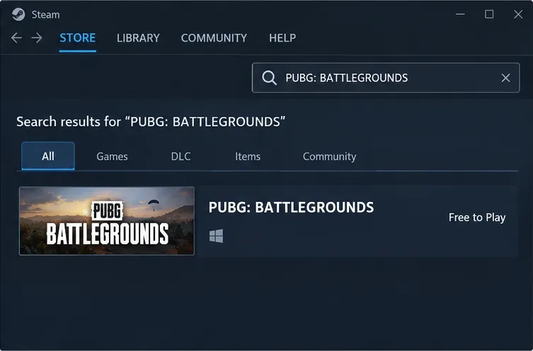 Resultados representativos da pesquisa na Steam para PUBG: BATTLEGROUNDS.