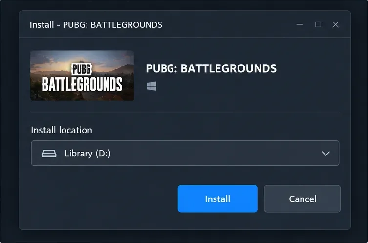 Diálogo representativo de instalação do PUBG no Steam, mostrando o seletor de localização da biblioteca e o botão Instalar.