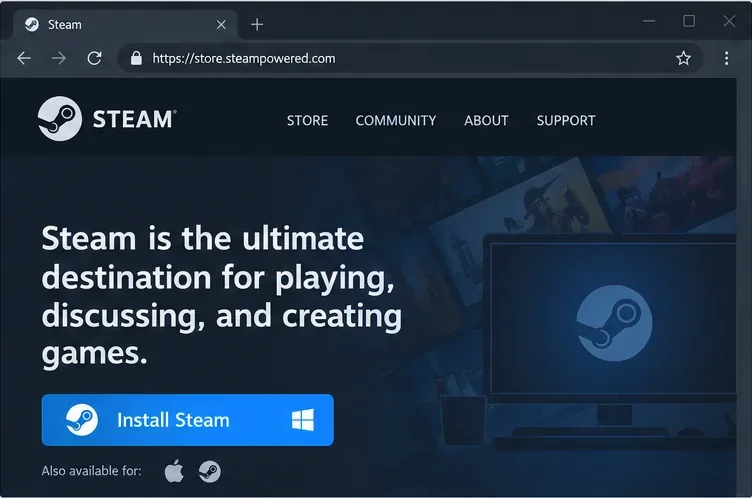 Página de download do Steam mostrando o botão "Instalar Steam" em uma janela do navegador.