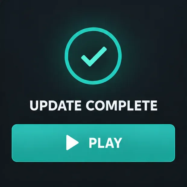 Een paneel dat aangeeft dat de update is voltooid, met een grote afspeelknop.