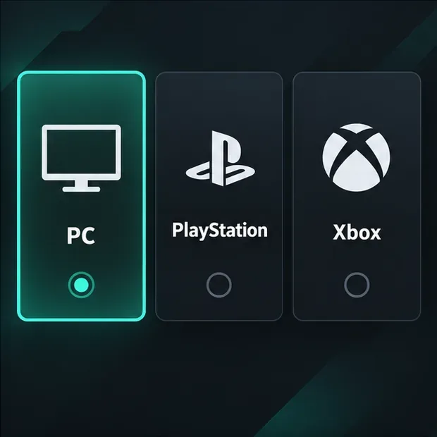 Drie platformkaarten met de labels PC, PlayStation en Xbox, waarbij PC is geselecteerd.