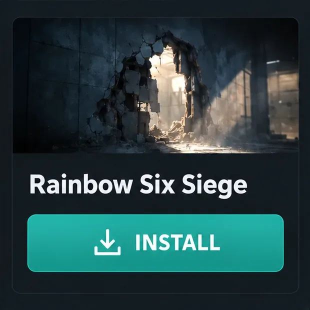 Een bibliotheekkaart van Rainbow Six Siege met een opvallende 'Installeren'-knop.