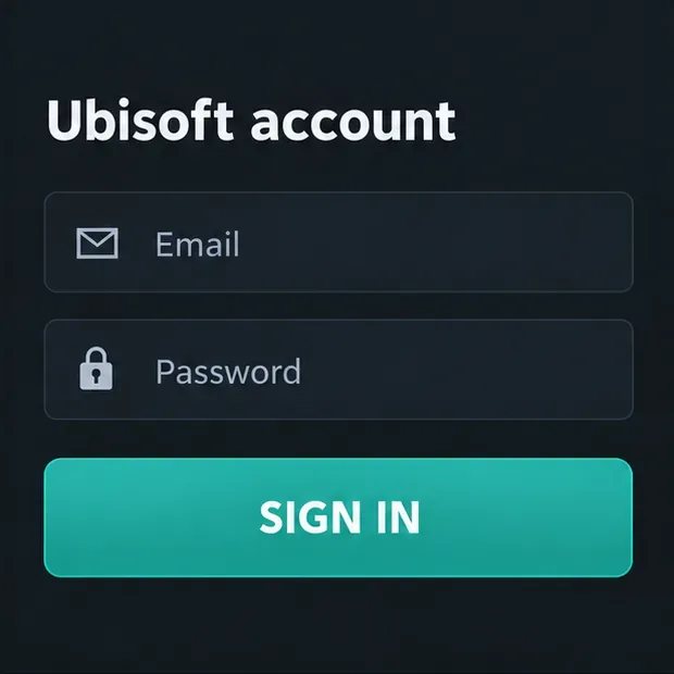Een aanmeldpaneel voor een Ubisoft-account met lege velden voor e-mailadres en wachtwoord en een knop 'Aanmelden'.
