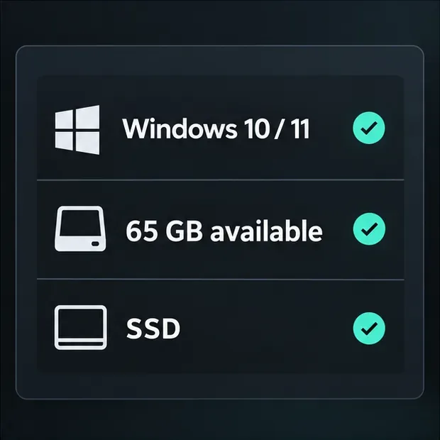Een pc-compatibiliteitspaneel met de vermeldingen Windows 10 of 11, 65 GB beschikbare opslagruimte en SSD.