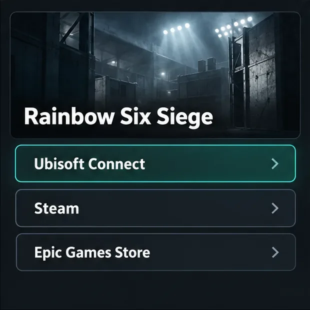 Een productvermelding van Rainbow Six Siege boven drie pc-winkelopties: Ubisoft Connect, Steam en Epic Games Store.