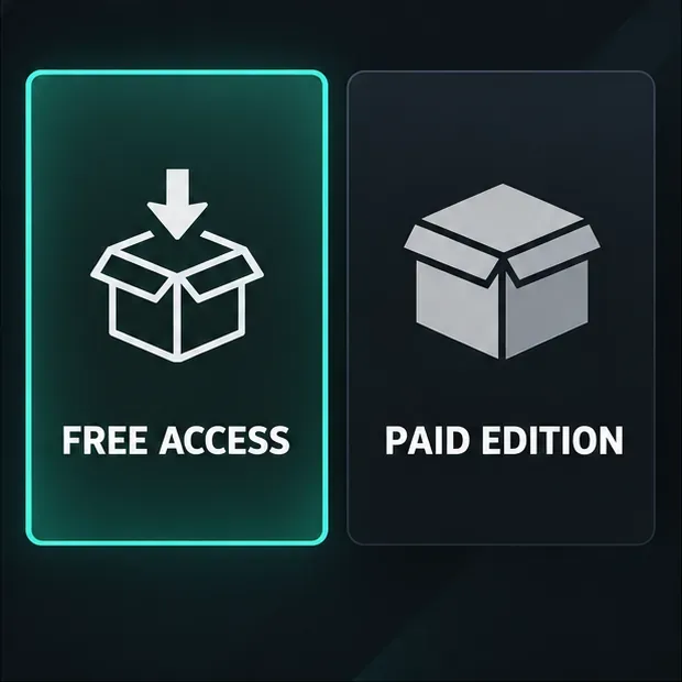 Er zijn twee productopties, aangeduid als 'Gratis toegang' en 'Betaalde editie', waarbij 'Gratis toegang' is geselecteerd.