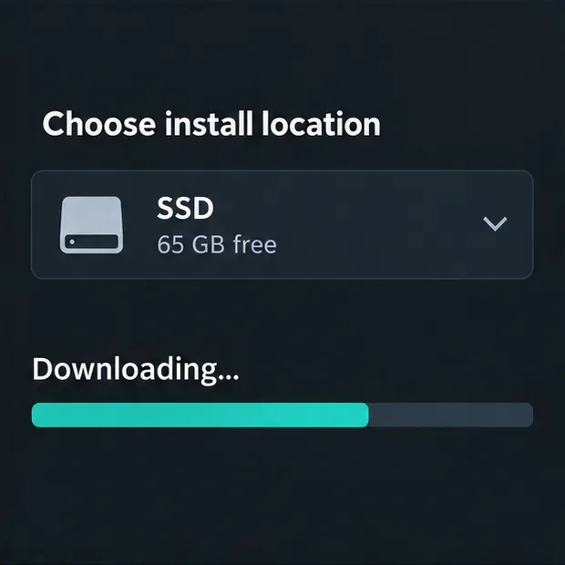 Een paneel met de installatielocatie toont een SSD met 65 GB vrije ruimte en een voortgangsbalk voor de download.