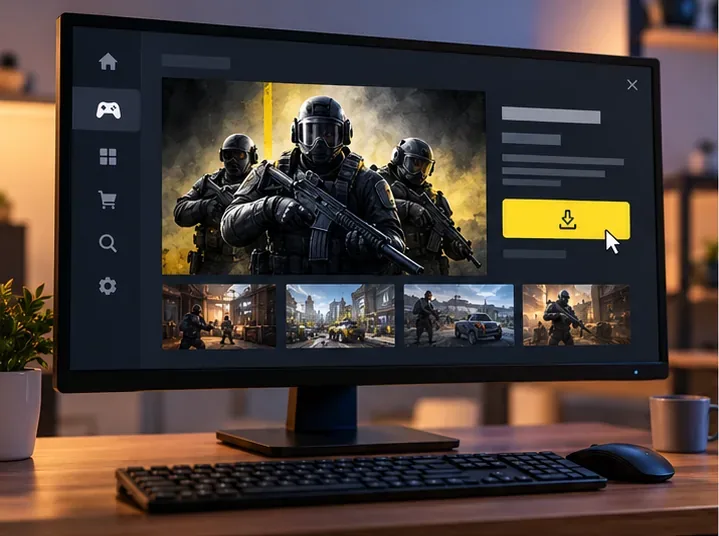 A desktop monitor displaying a tactical game storefront with a selected game tile and a download icon