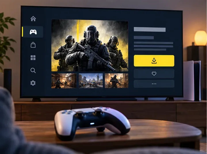 A television showing a console game storefront with a selected tactical game and a controller in front