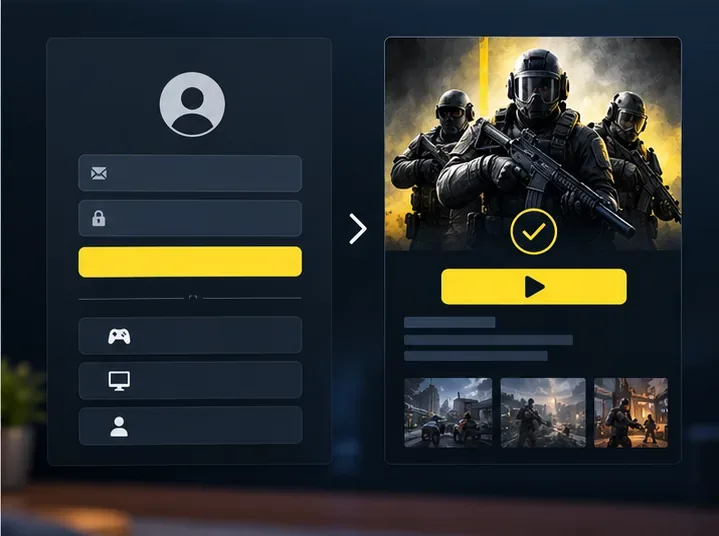 A game launcher sign-in panel beside a game tile marked ready to play