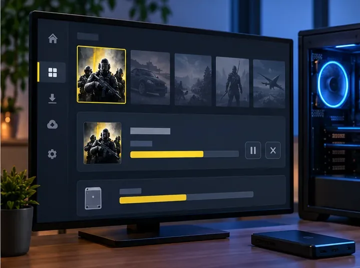 A PC game launcher showing a selected game and two download progress bars