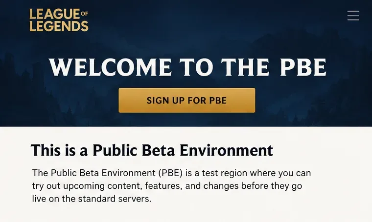 PBE information page with a Sign Up for PBE button and a public beta environment notice