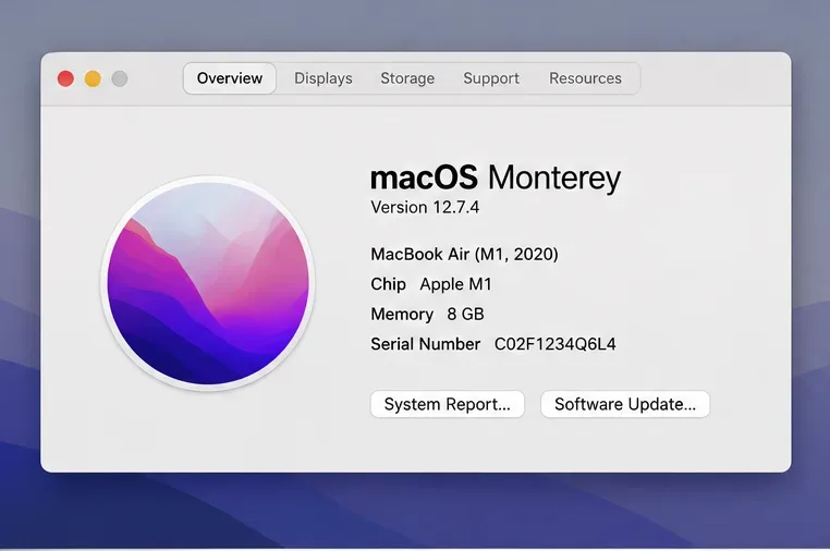 About This Mac window showing an Apple M1 chip, 8 GB of memory, and macOS Monterey 12